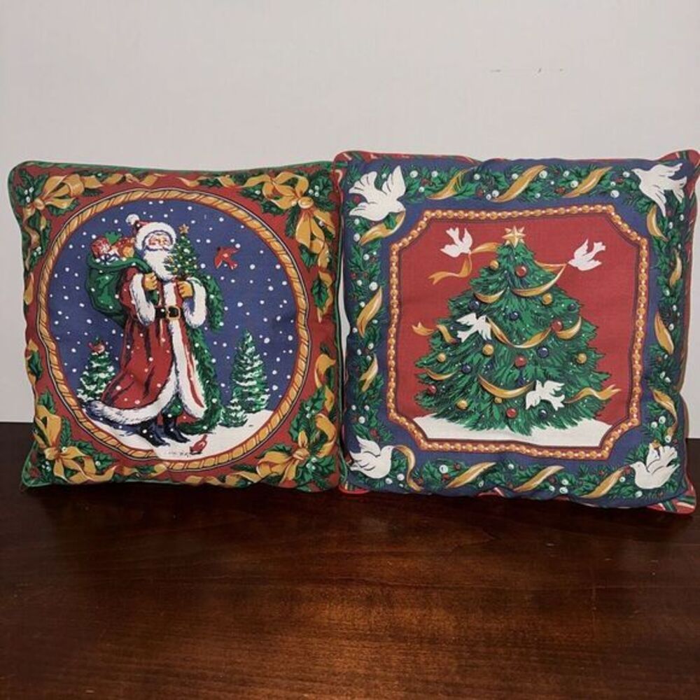 Vintage Christmas Pillows Santa Tree Doves Decorations‎ Ornaments Holly Bows 11"
